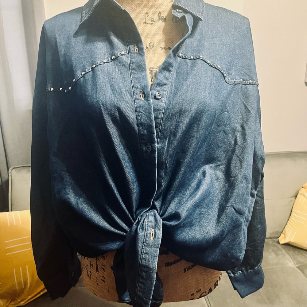 Studio Dark Blue Denim Button-Up Top - Picture 13 of 14